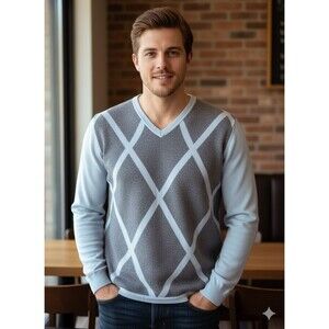 BOSS Hugo Boss Men's V-Neck Sweater Size XL Gray Blue Argyle Virgin Wool Mix